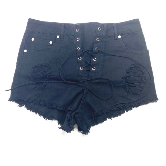 TRIS DESIGN Pants - Tris Design - Black High Rise Lace Up Shorts M